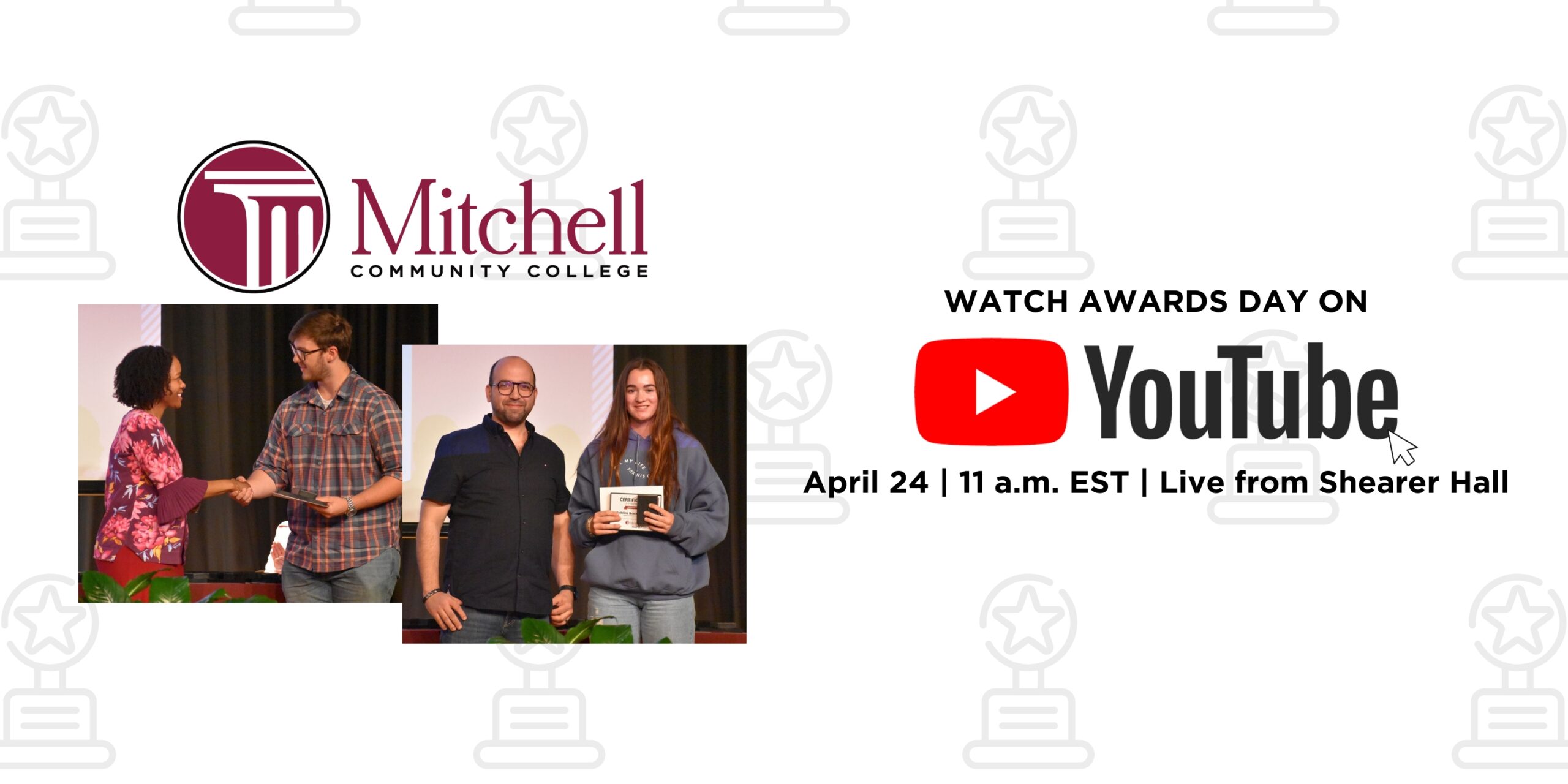 Banner that reads "Watch Awards Day On YouTube - April 24 | 11 a.m. EST | LIVE from Shearer Hall".