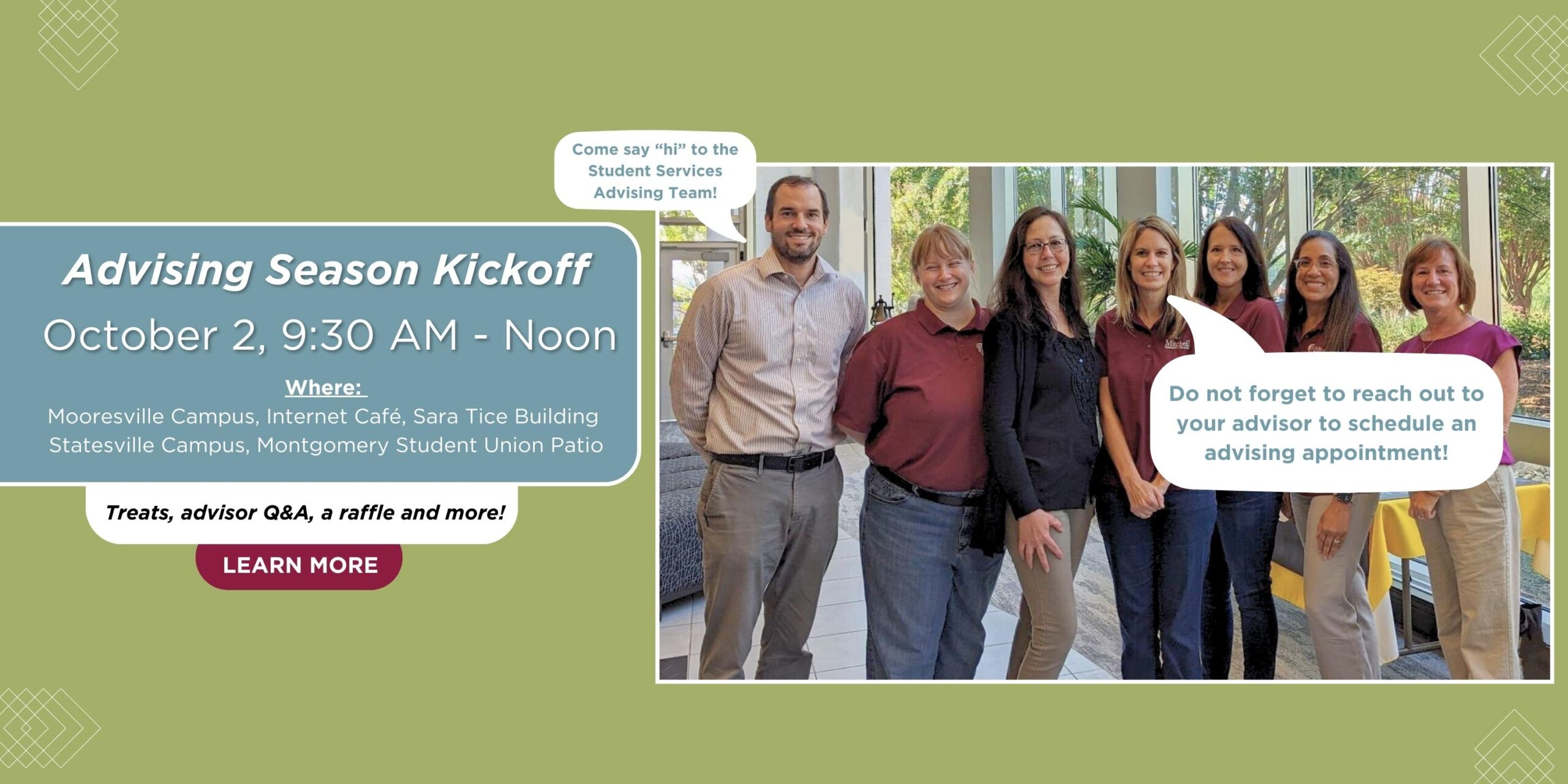 Graphic that reads "Advising Season Kickoff - October 2, 9:30 AM - Noon". Click the image to learn more about advising.