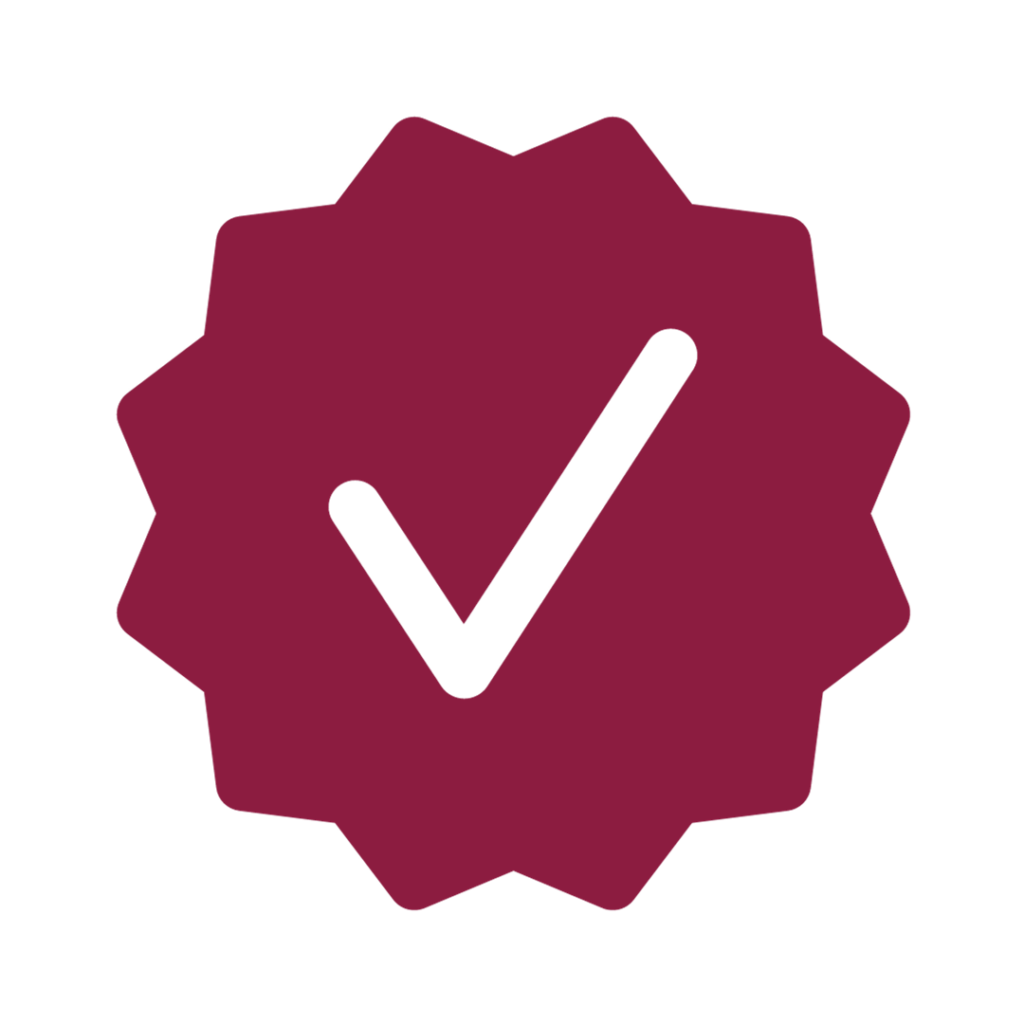 Burgundy checkmark button logo.