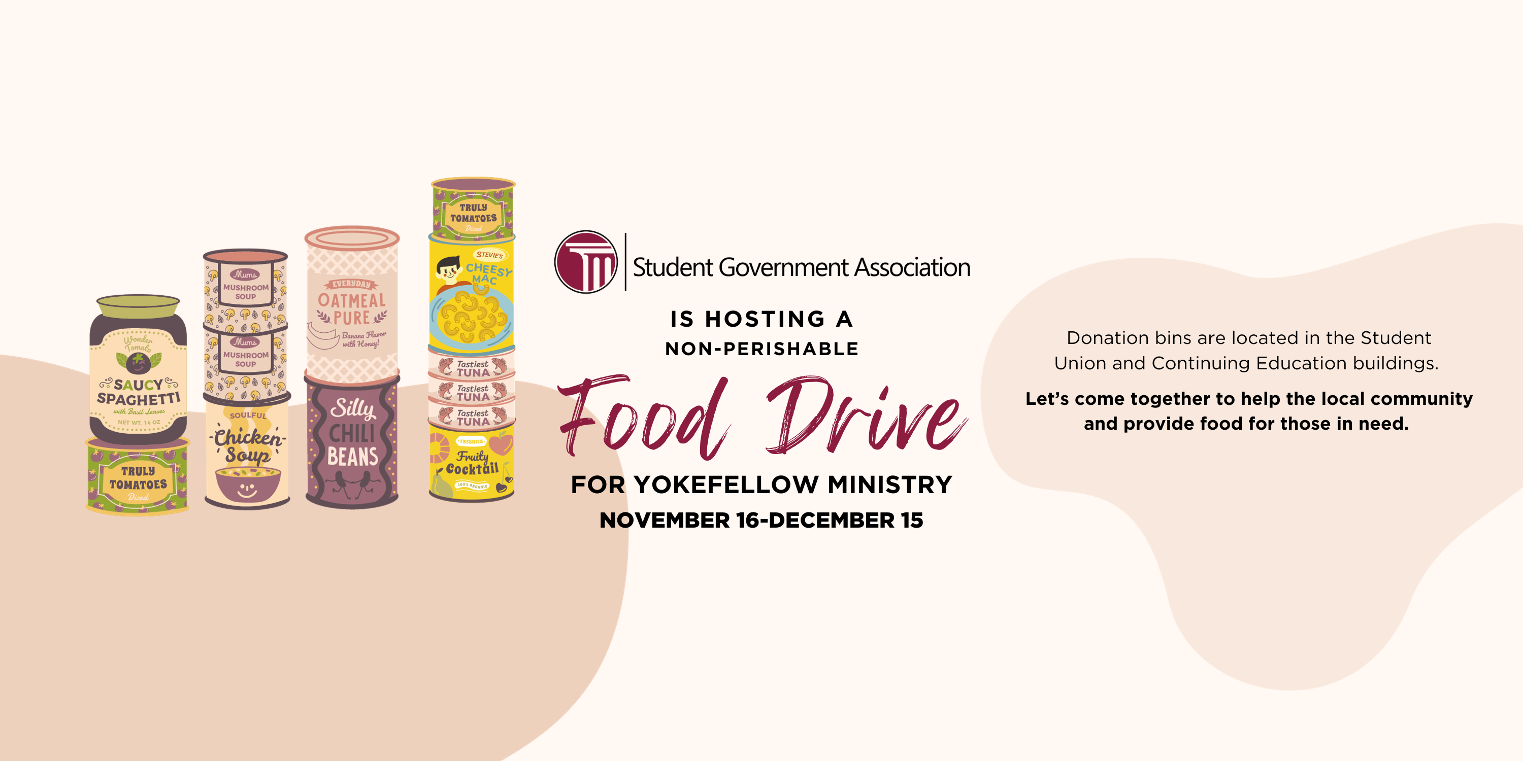 Banner that reads "Mitchell Community College's SGA is hosting a non-perishable food drive for Yokefellow Ministry | November16-December 15." Donation bins are located in the Student Union and Continuing Education buildings.
