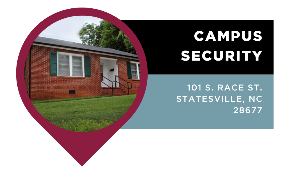 Graphic that reads "Campus Security | 101 S. Race St. Statesville, NC 28677". Click to view on Google Maps.