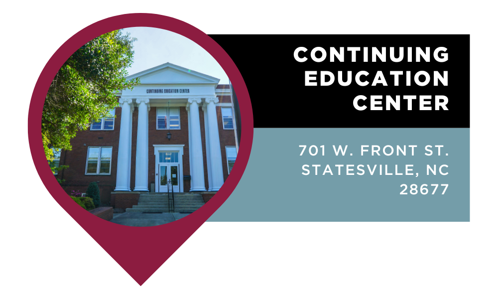 Graphic that reads "Continuing Education Center | 701 W. Fron St. Statesville, NC 28677". Click to view on Google Maps.