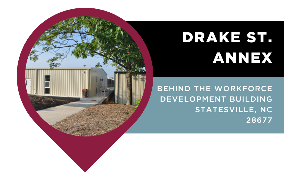 Graphic that reads "Drake St. Annex | Behind the Workforce Development Building | Statesville, NC 28677". Click to view on Google Maps.
