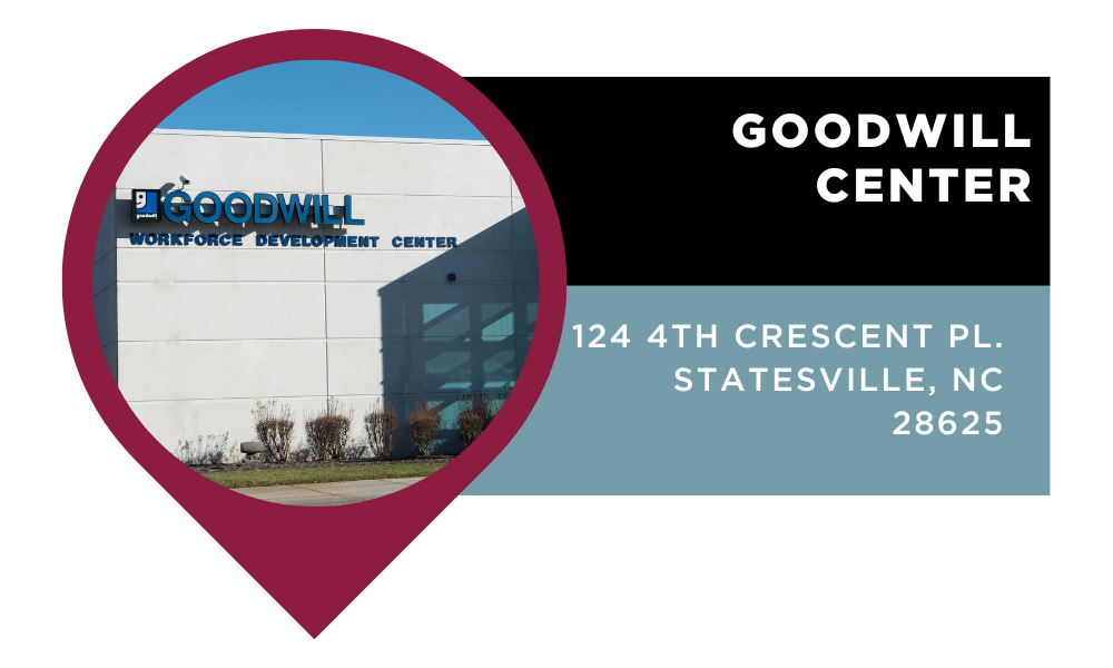 Graphic that reads "Goodwill Center | 124 4th Crescent Pl. Statesville, NC 28625". Click to view on Google Maps.