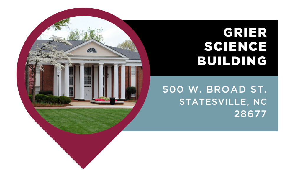 Graphic that reads "Grier Science Building | 500 W. Broad St. Statesville, NC 28677". Click to view on Google Maps.