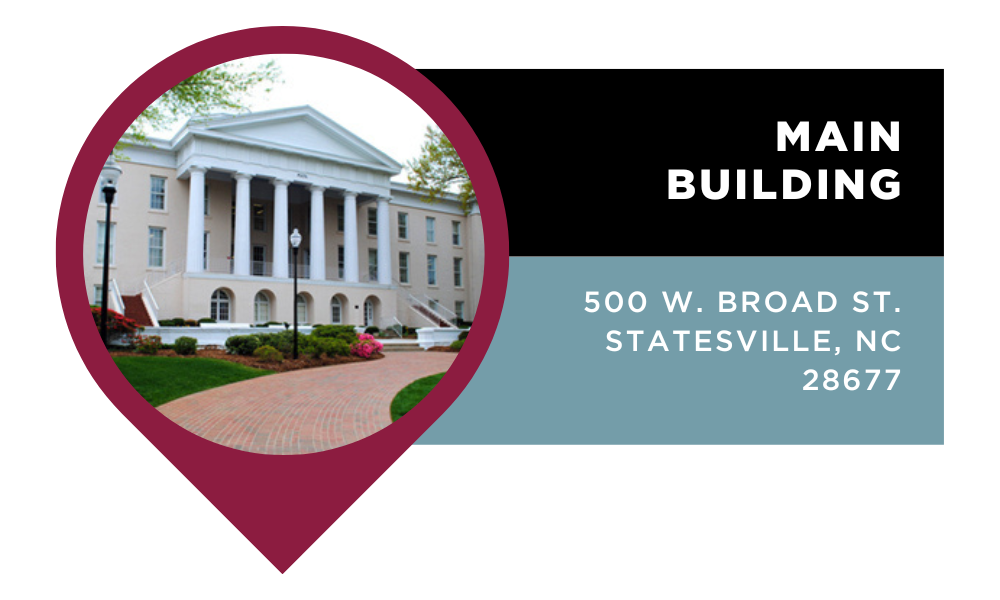 Graphic that reads "Main Building" | 500 W. Broad St. Statesville, NC 28677". Click to view on Google Maps.