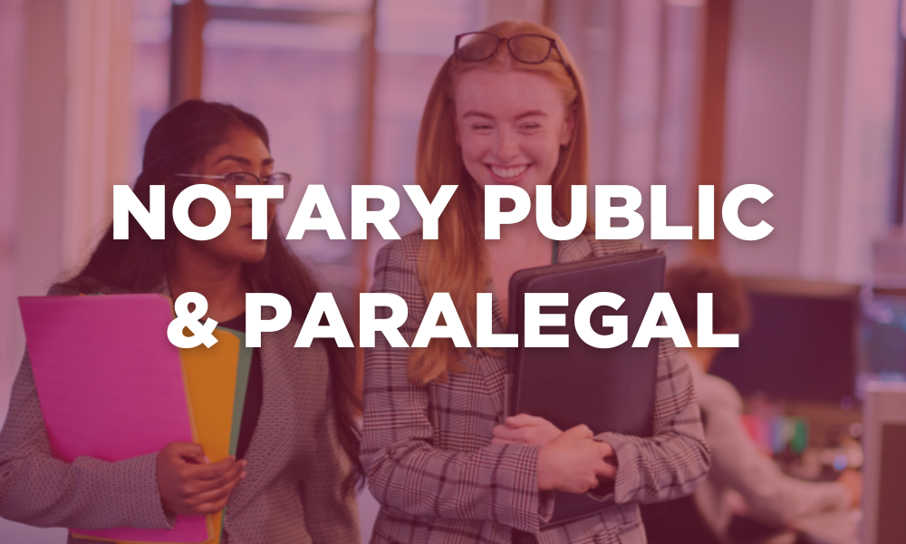 Grafik mit der Aufschrift „Notary Public & Paralegal“. Klicken Sie hier, um mehr über dieses Programm zu erfahren.