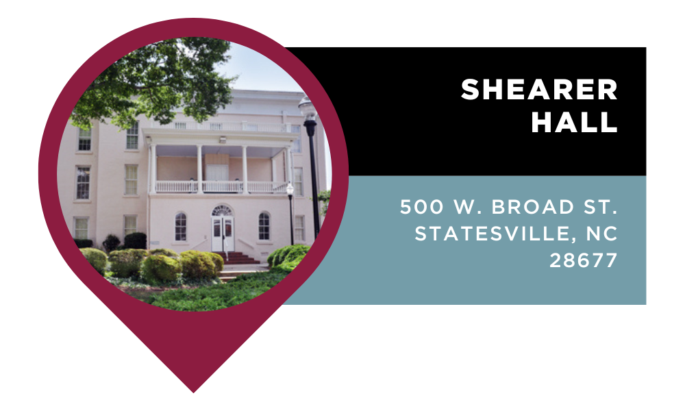 Graphic that reads "Shearer Hall" | 500 W. Broad St. Statesville, NC 28677". Click to view on Google Maps.