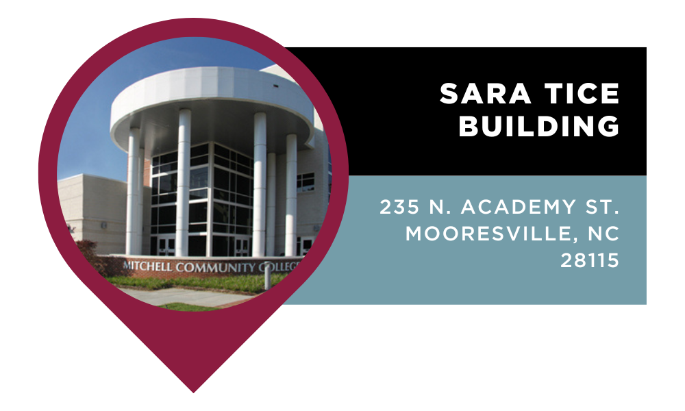 Graphic that reads "Sara Tice Building | 235 N. Academy St. Mooresville, NC 28115". Click to view on Google Maps.