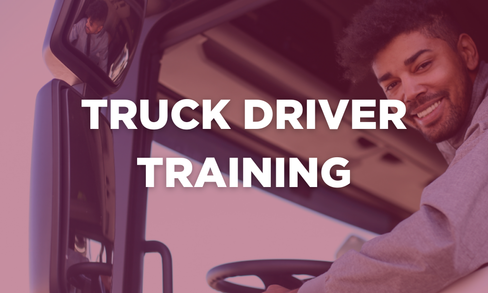Grafika z napisem „Szkolenie kierowców ciężarówek”. Kliknij, aby dowiedzieć się więcej o tym programie.