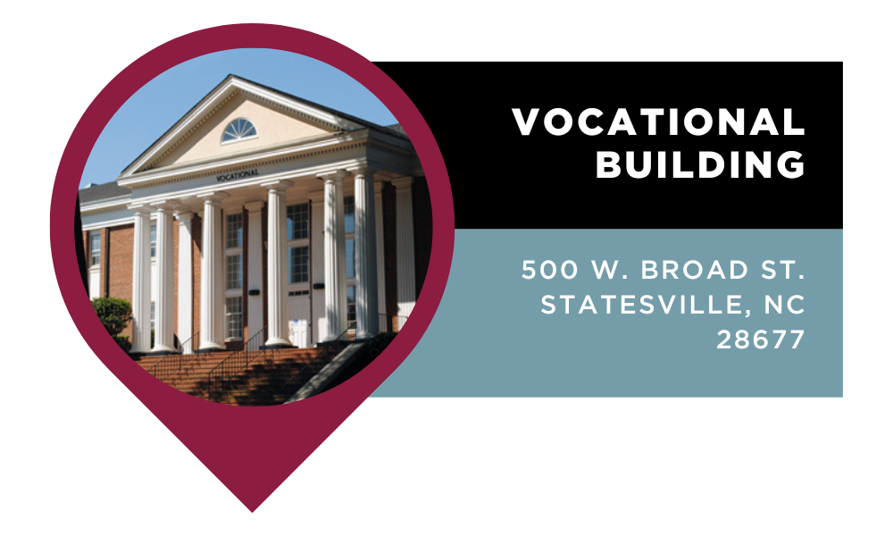 Graphic that reads "Vocational Building" | 500 W. Broad St. Statesville, NC 28677". Click to view on Google Maps.