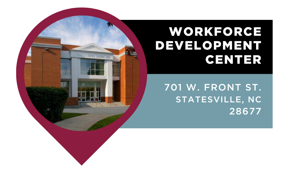 Graphic that reads "Workforce Development Center | 701 W. Front St. Statesville, NC 28677". Click to view on Google Maps.