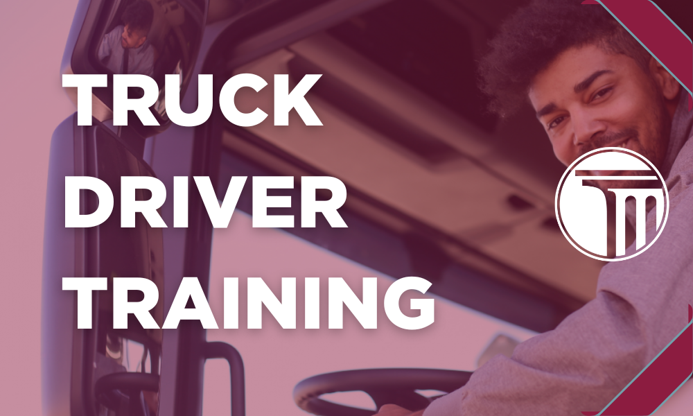 Baner z napisem „Szkolenie kierowców ciężarówek”.