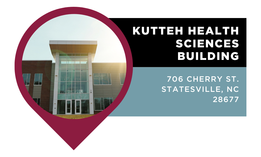 Grafika z napisem „Budynek Kutteh Health Science | 706 Cherry St. Statesville, NC 28677”. Kliknij, aby wyświetlić na Mapach Google.