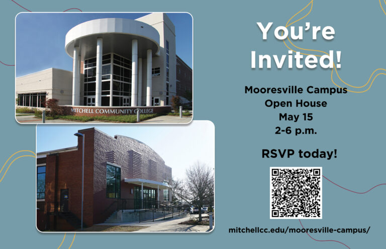 Graphique qui dit "Vous êtes invité ! Campus de Mooresville | Journée portes ouvertes | 15 mai de 2h à 6h | RSVP aujourd'hui ! | mitchellcc.edu/mooresville-campus/". Cliquez sur le graphique ou scannez le code QR pour RSVP.
