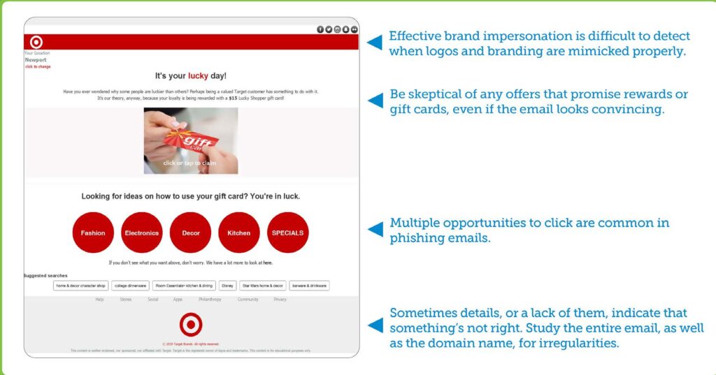 This is an example of a brand impersonation attack depicting an mimicked branding and logos, promises of rewards, opportunities to click and lack of specific details.