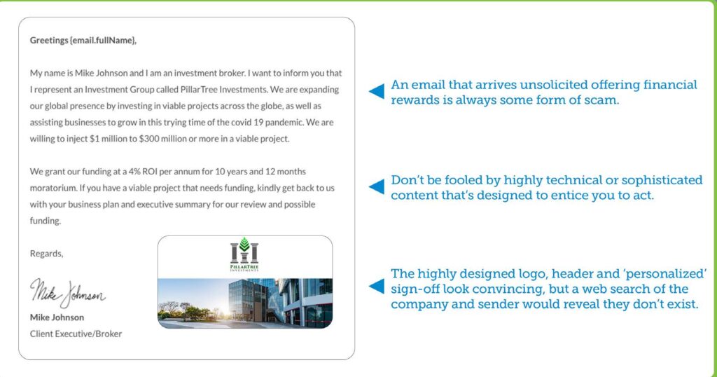 This is an example of a scamming attack depicting an unsolicited offer of financial rewards, sophisticated content, and personalizaed sign-off to create the illustion of legitimacy.