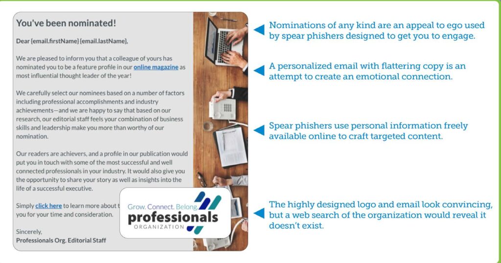 This is an example of a spear phishing attack depicting a nomination of some kind to appeal to ego, a personalized email with information found online, and a highly designed logo to look convincing.